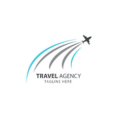 Travel agency vector logo with palm tree, aeroplane, global map, sun, and birds featuring logo for travel company 
