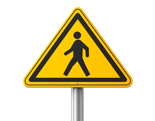 3D icon of a pedestrian crosswalk sign, bright yellow triangle with black figure, standing on a short pole, urban street detail, isolated