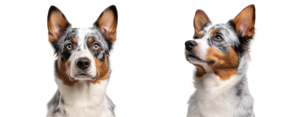 set of side view and front portrait of an grey Australian Cattledog dog with open mouth looking up isolated on transparent background