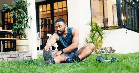 Outdoor, stretching and man with fitness, health and warm up with wellness, home and exercise....