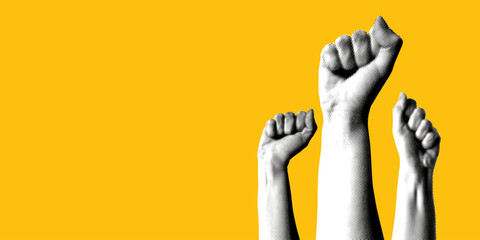 Halftone hands raised up with closed fist. Fists up on yellow background. Feminists fight. Collage for protest. Protection of rights and freedoms. Woman rights concept. Protesting crowd