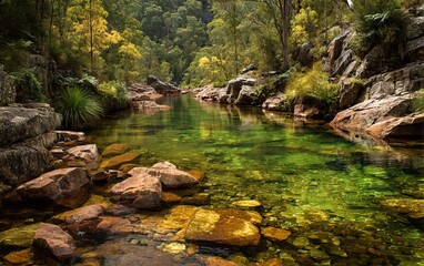 Fototapeta premium Screenshot of the natural landscape in Karri Gorge National Park, Australia with clear water and rocks in it, winner of a stock photo contest. High-quality, high-resolution image with superb details. 