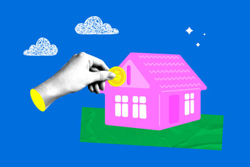 Halftone hand putting coin into house shaped piggy bank. House on mortgage. Home purchase loan. Savings for buying an apartment. Save money for house