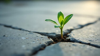 Green Plant Sprouting Through Cracked Concrete at Sunrise.