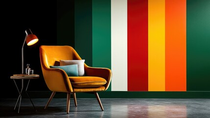 Stylish Mustard Yellow Armchair against a Vibrant Multicolored Wall
