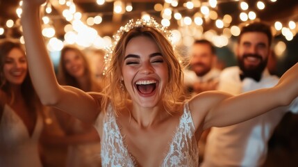 A joyful bride celebrating with her friends in a beautifully decorated venue, surrounded by twinkling lights, showcasing the essence of love and happiness during special moments.