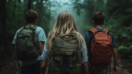 In a misty forest setting, three hikers are seen from behind, emphasizing adventure and exploration against a backdrop of lush greenery and atmospheric fog.