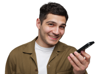 Smiling Man Engaging in Cheerful Conversation While Holding a Smartphone in a Bright and Lively Setting
