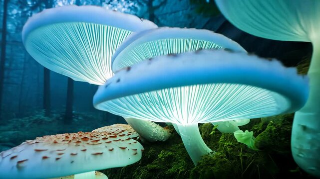 Enchanting glowing mushrooms emanate mystical light in mysterious forest setting