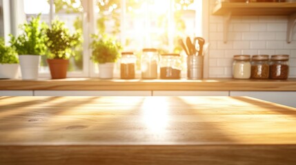Sunlit kitchen countertop with potted herbs and jars, creating a warm and inviting cooking space.