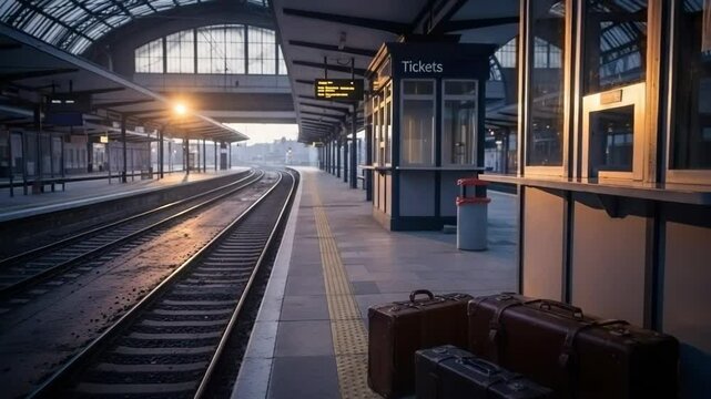 Luggage stacked at train station platform with sunlight in morning  