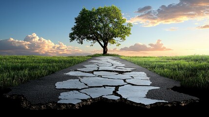 Cracked Road Leading to a Lush Green Meadow and a Tree Under a Sunset Sky