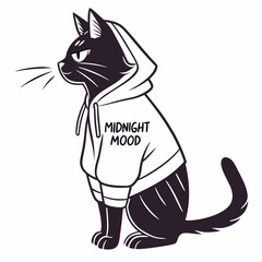 Cool black cat wearing a hoodie midnight mood graphic design