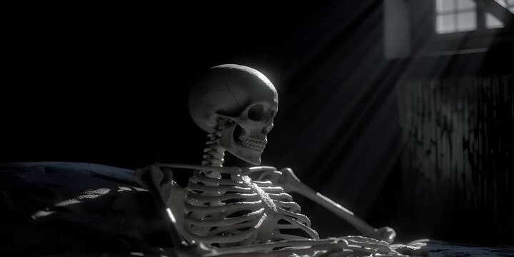 A skeleton is lying on a bed in a dark room. The skeleton is looking at the camera