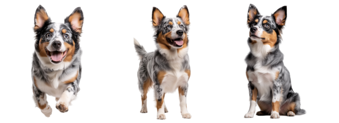 set of side view, portrait, sitting of an grey Australian Cattledog dog with open mouth looking up isolated on transparent background