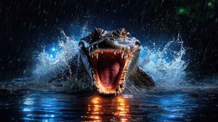 Nightfall Predator:  A Powerful Alligator Emerges from the Rain-Swept Waters