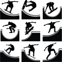 Skateboard Trick Pose Icon Silhouette – Cool Skater Action Pack Skater Mid-Trick Silhouette Set – Dynamic Skateboarding Icons
