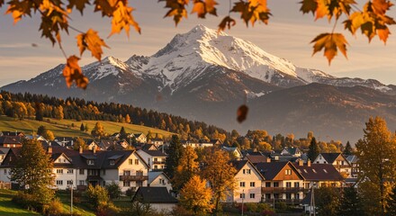 Fototapeta premium Scenic autumn mountain village with snow-capped peak and golden foliage backdrop