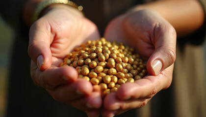 Hands holding golden seeds during Ramadan. Concept of zakat charity generosity. Giving donations and blessings in Islamic culture. Concept of helping others and sharing support with community.