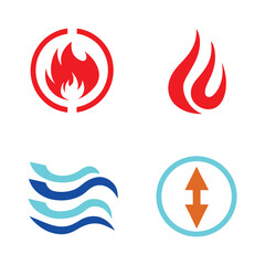 Four Abstract Red Blue and Orange Symbols Representing Fire Water and Up Down Arrows in a Minimalist Style on White