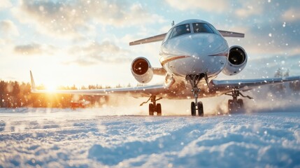 A luxury private jet on a snow-covered runway at sunset, perfectly capturing the essence of travel and adventure, as the warm sunlight contrasts with the cold winter landscape.