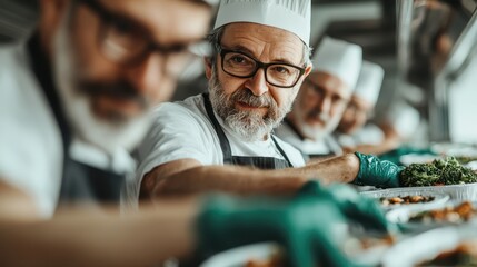 A team of dedicated chefs prepares food in a bustling kitchen, showcasing their culinary expertise and teamwork in a vibrant and focused atmosphere.