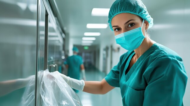 A healthcare worker in scrubs bags waste in a hospital corridor, demonstrating the essential role of cleanliness and dedication to health in medical environments.