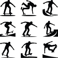 Skateboard Trick Pose Icon Silhouette – Cool Skater Action Pack Skater Mid-Trick Silhouette Set – Dynamic Skateboarding Icons