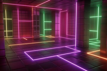Cyberpunk neon corridor with glowing lines and dark tile floor for futuristic background