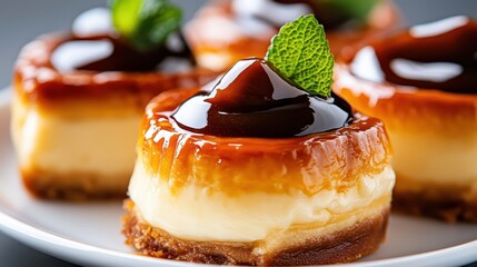 These miniature cheesecakes have a rich cream filling and a smooth caramel topping, perfect for satisfying sweet cravings at any occasion or dessert table.