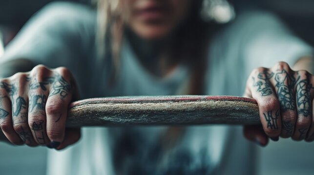 A close-up shot of a tattooed skateboarder gripping their board, depicting a moment of focus and intensity in a thrilling urban sports environment.