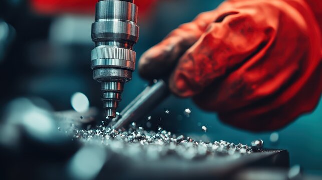 A skilled craftsman drills into metal, surrounded by glistening metal shavings, highlighting the intricate details of craftsmanship and industrial machinery.