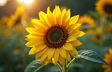 Obraz premium Bright sunflower blooms in garden. Dew drops on petals reflect morning sunlight. Yellow flower, green leaves and stems at sunshine background. Natural beauty, botanical, summer season.