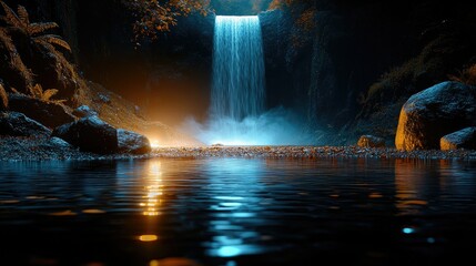 Nightfall Waterfall Serenity: A Breathtaking Cascade Reflecting in Still Waters