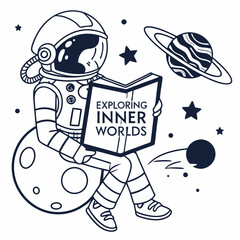 Astronaut reading book exploring inner worlds space galaxy stars planets