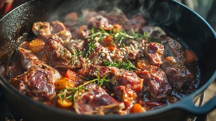 Fototapeta premium Preparation for layered meat in the dutch oven