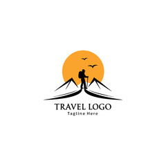 Travel agency vector logo with palm tree, aeroplane, global map, sun, and birds featuring logo for travel company 