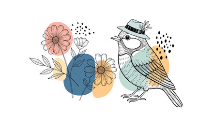 Vintage Bird Wearing a Hat Next to Abstract Shapes Decorative Spring Design Image