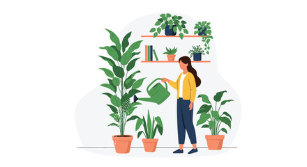 Woman Tending to Indoor Plants A Serene Depiction of Domestic Greenery and Care