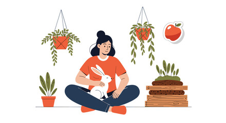 A Lady Caring for Her Pet Rabbit Amidst Indoor Plants and Decorations