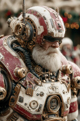 Robot Santa Claus stands proudly near a quantum fir adorned with festive decorations and toys