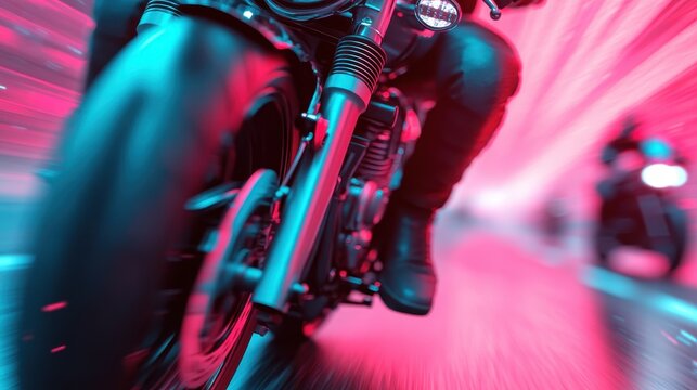A dynamic shot of a motorcycle rider speeding on a vibrant road, showcasing energy, freedom, and adrenaline, capturing the exhilarating experience of riding through life.