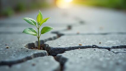 Green Plant Sprouting Through Cracked Concrete at Sunrise.