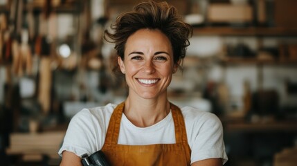 A cheerful woman poses in her workshop, showcasing her enthusiasm and skills in crafts, surrounded by an array of tools, creating a welcoming atmosphere for creativity.