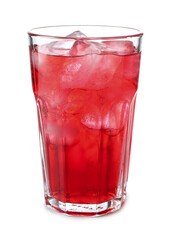 Tasty cherry soda water with ice cubes isolated on white