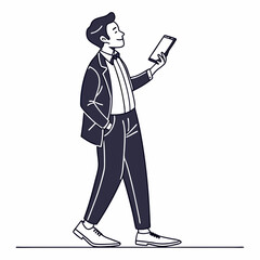 Stylish man walking and using smartphone modern design
