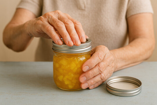 Senior woman closing a glass jar filled with homemade yellow fruit preserves, showing hands and healthy homemade food preparation - Powered by Adobe