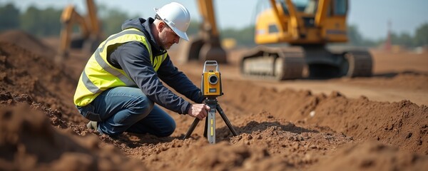 Geotechnical engineer assesses foundation stability construction site. Pro uses surveying instrument measures ground conditions with yellow safety vest, white helmet. Construction equipment,