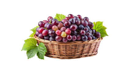 A wicker basket overflowing with ripe red grapes and fresh green leaves
