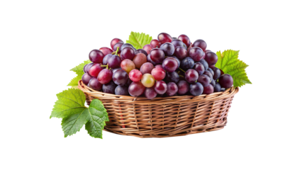 A wicker basket overflowing with ripe red grapes and fresh green leaves
